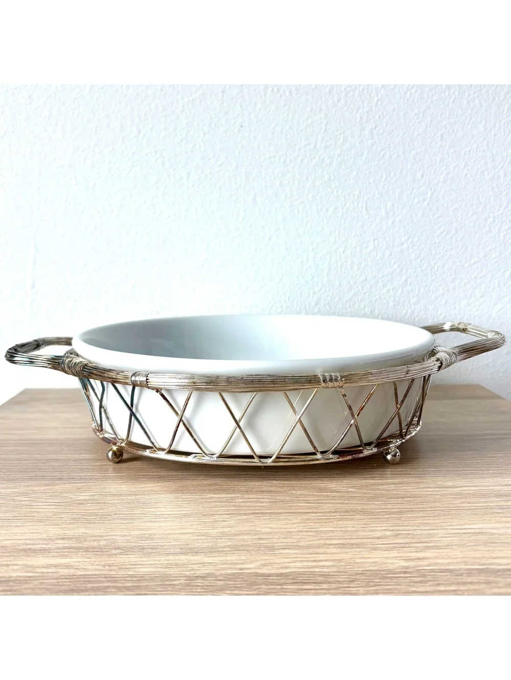 Vintage White Ceramic Casserole Dish Wire Basket Serving Bowl Silver Mid Century